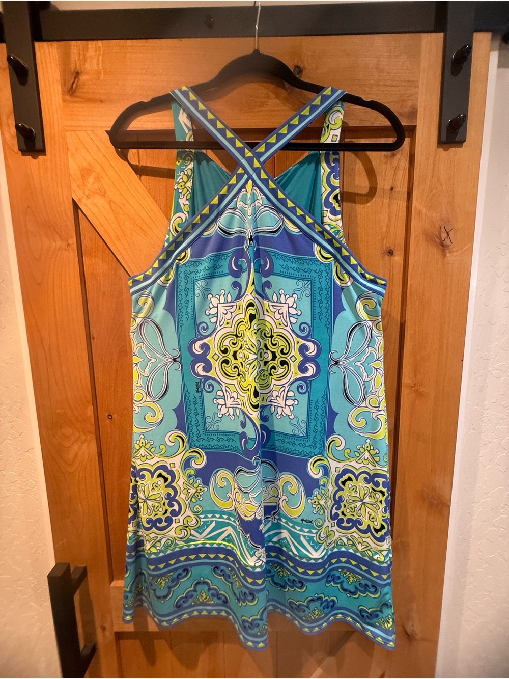 Hale Bob Teal & Navy Printed Crossback Tank Dress with Lime Accents